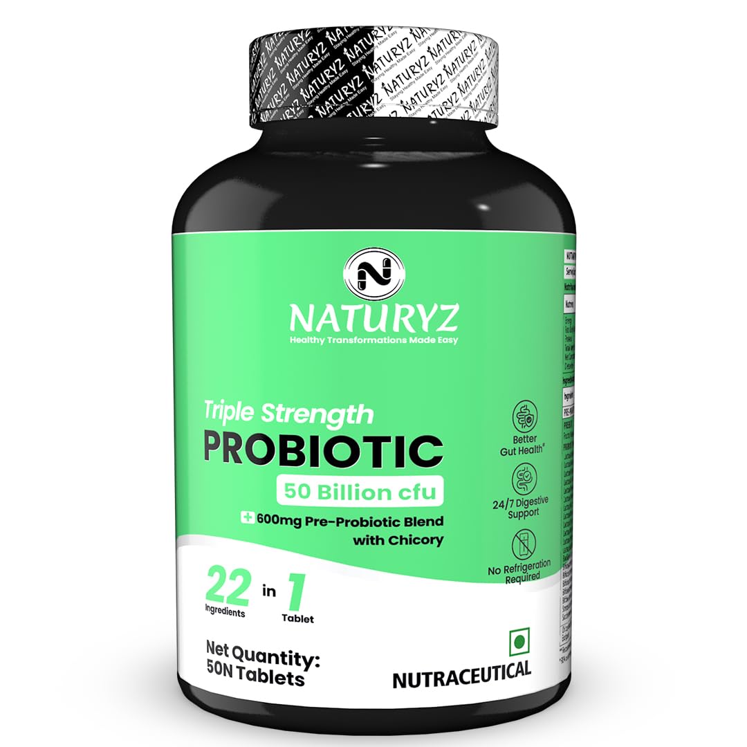 NATURYZ Triple Strength Probiotic 50 Billion CFU with Highest Pre-Probiotic 600 Mg | Chicory Root | 22 Nutrients for Gut Health | 24/7 Digestion | Supports in Occasional Constipation, Diarrhea, Gas & Bloating for Women & Men | No Refrigeration required - 50 Tablets