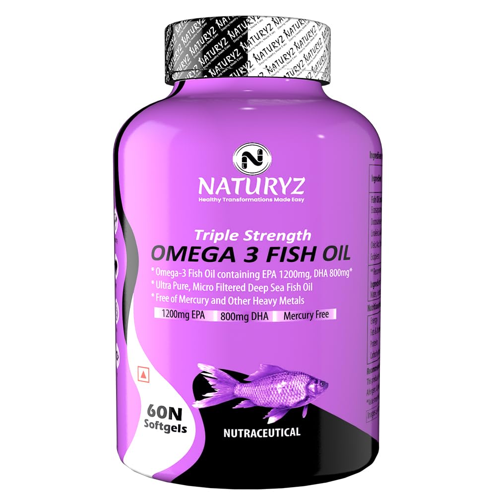 Naturyz Triple Strength Omega 3 Fish Oil with Highest Strength 2450 mg, 60 Capsules, Omega 3-6-9 Per Serving (EPA 1200mg DHA 800mg) Capsules For Men & Women