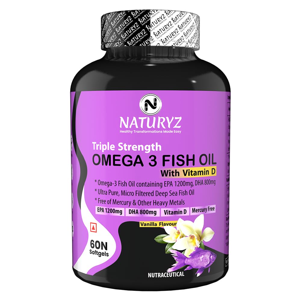 Naturyz Vanilla Flavoured Triple Strength 2500mg Omega 3 Fish Oil with Vitamin D3 | Highest Strength 2000 mg Omega 3 Per Serving (EPA 1200mg DHA 800mg) Deep Sea Fish Oil for Men & Women - 60 Capsules