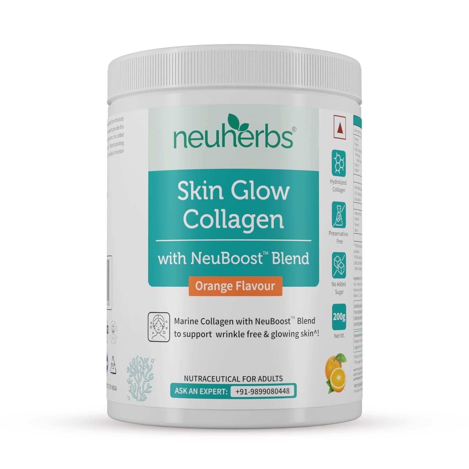 Neuherbs Collagen Supplement - 200 Gram, Orange Flavour |Skin Glow Marine Collagen Powder for Women & Men | Collagen with Hyaluronic Acid, Vitamin E & C, Biotin | Supports Glowing & healthy skin.