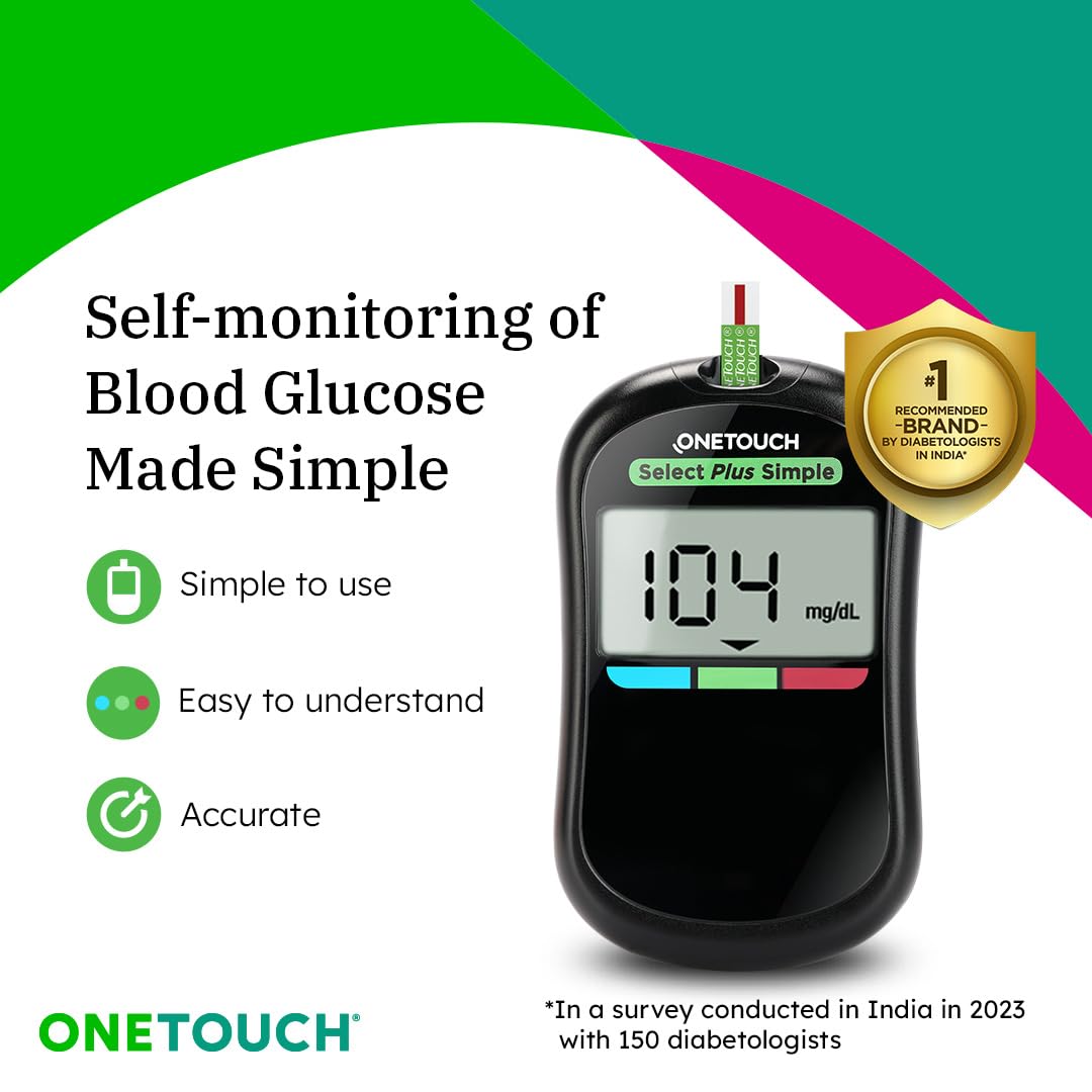 OneTouch Select Plus Simple glucometer machine with 50 Test Strips | Simple & accurate testing of Blood sugar levels at home | Global Iconic Brand | Includes 10 Sterile Lancets + 1 Lancing device