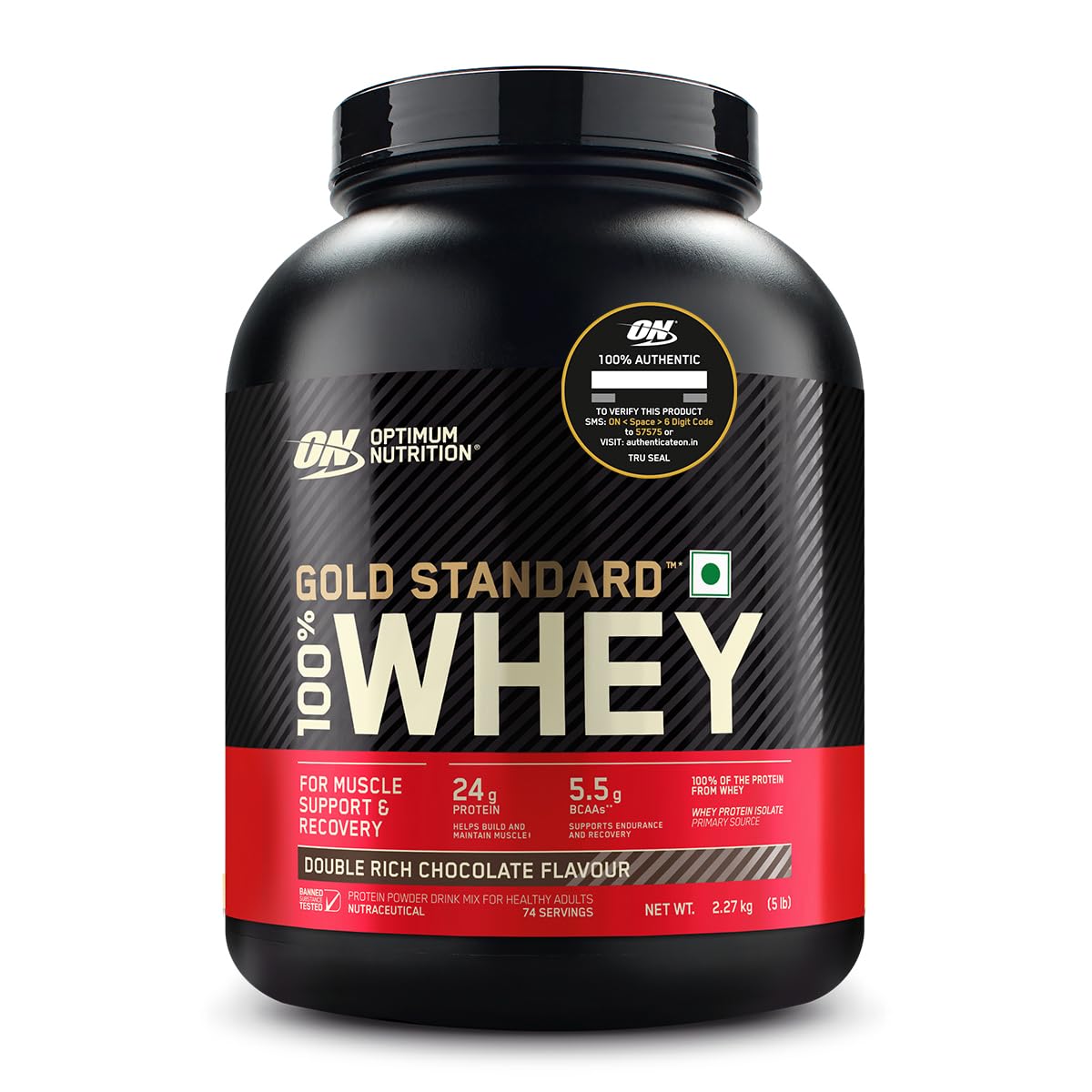 Optimum Nutrition (ON) Gold Standard 100% Whey Protein Powder 5 lbs, 2.27 kg (Double Rich Chocolate), for Muscle Support & Recovery, Vegetarian - Primary Source Whey Isolate