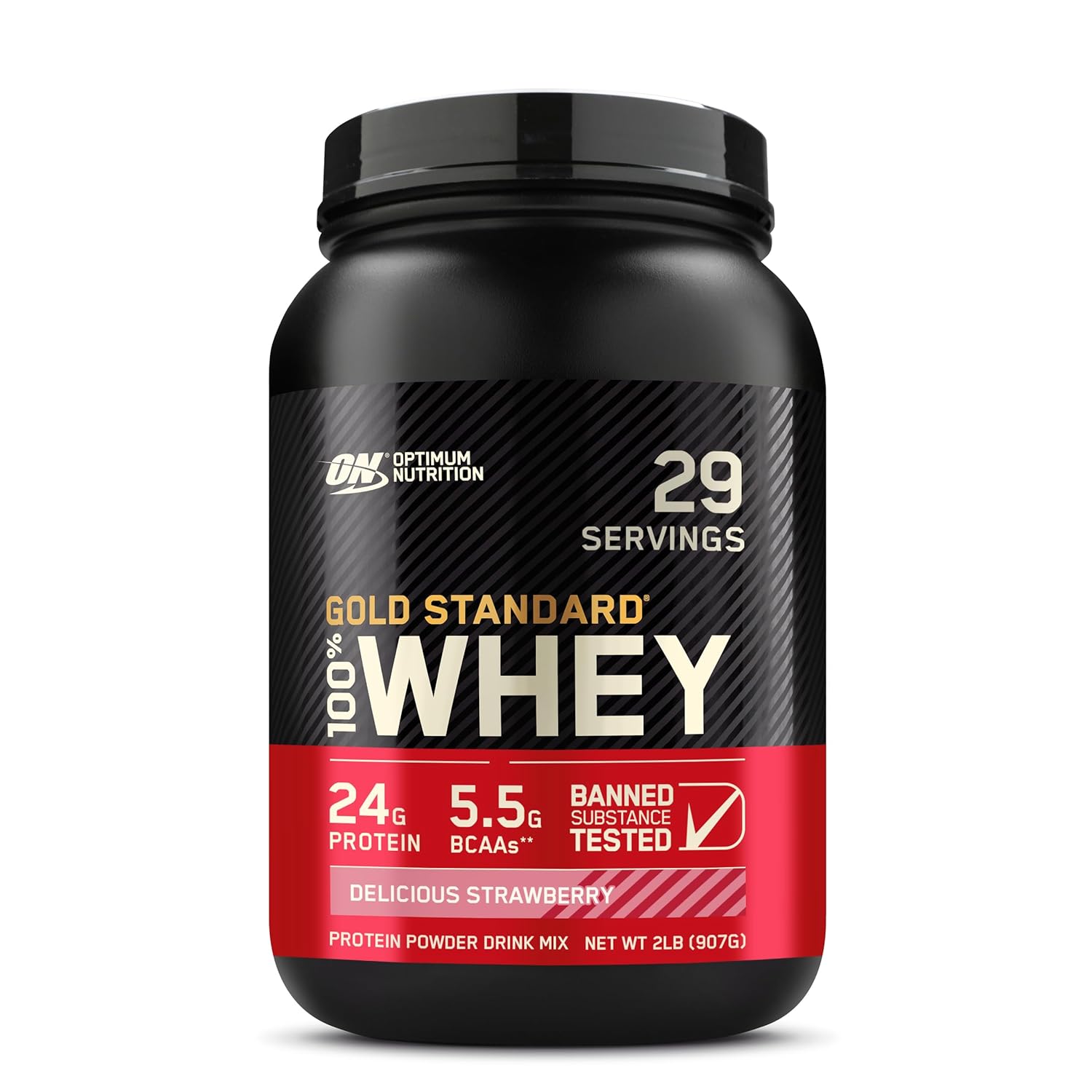 Optimum Nutrition (ON) Gold Standard 100% Whey Protein Powder - 2 lbs, 907 g (Delicious Strawberry), Primary Source Isolate