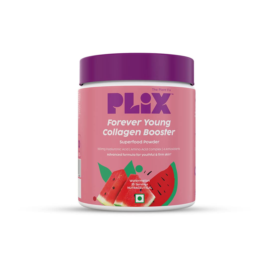 PLIX - THE PLANT FIX Collagen Supplement Powder To Support Skin Elasticity, Firmness & Youthful Glow, 100% Plant-based With Hyaluronic Acid & Vitamin C, For Women & Men, Watermelon Flavour, Pack Of 1