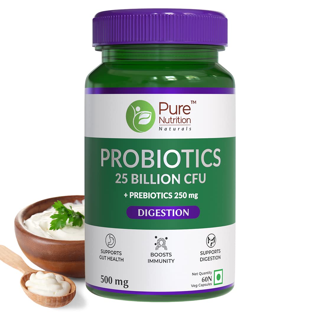 Pure Nutrition Naturals Probiotic + Prebiotic, 60 Veg Capsules | 25 Billion CFU & 250mg Prebiotics for Men & Women | Improves Gut Health, Aids Digestion, Boosts Immunity & Eases Bloating