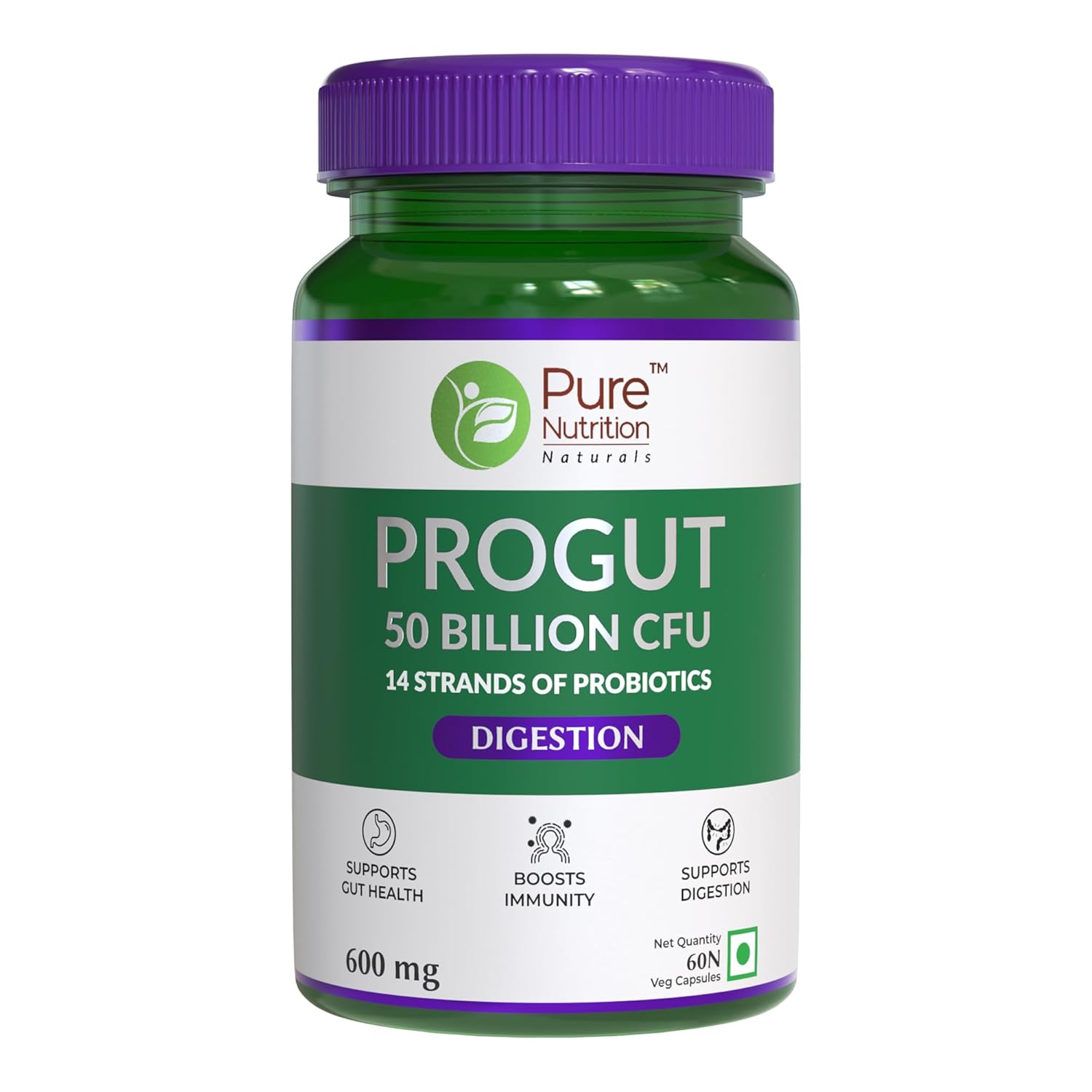 Pure Nutrition Progut 50 Billion CFU,60 Veg Capsule|Probiotic & Prebiotic Supplement for Unisex|14 Probiotic Strains|Supports Digestive Health,Gut Health & Immunity|Relief from Gas & Bloating