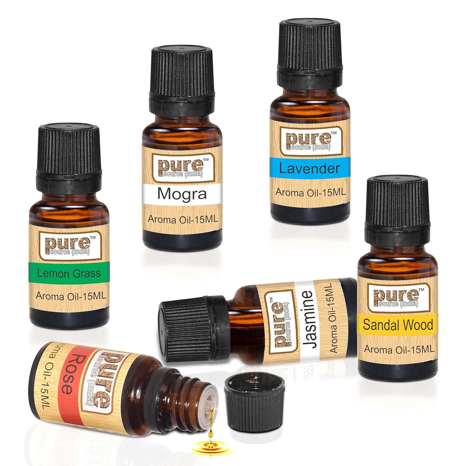 Pure Source India Aroma Diffuser Oil (Lavender, Lemongrass, Rose, Jasmine, Sandalwood and Mogra), 15ml Each, Multicolour - Set of 6