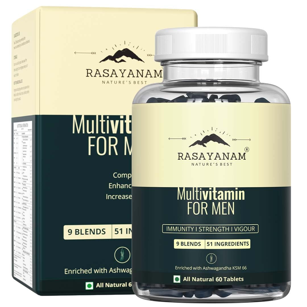 Rasayanam Multivitamin for Men | 51 ingredients & 9 Blends | Heart blend, Pre and Probiotic blends, Biotin skin blend, Ashwagandha muscle recovery blend | Best Multivitamin for men- 60 Tablets