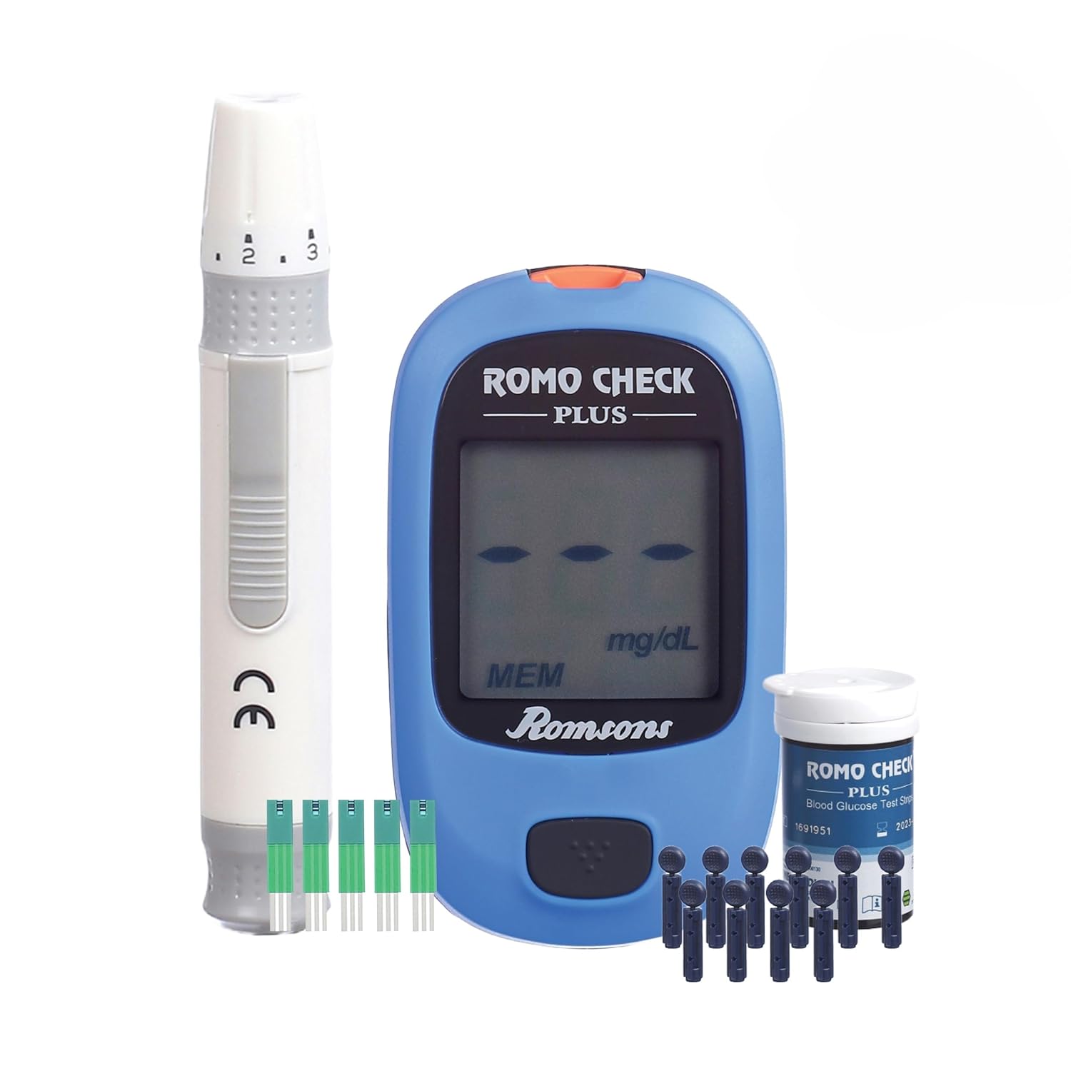 Romsons Romo Check Plus Blood Glucose Meter | Simple & accurate testing of blood sugar levels at home | FREE Test Strips + Sterile Lancets(Glucometer)