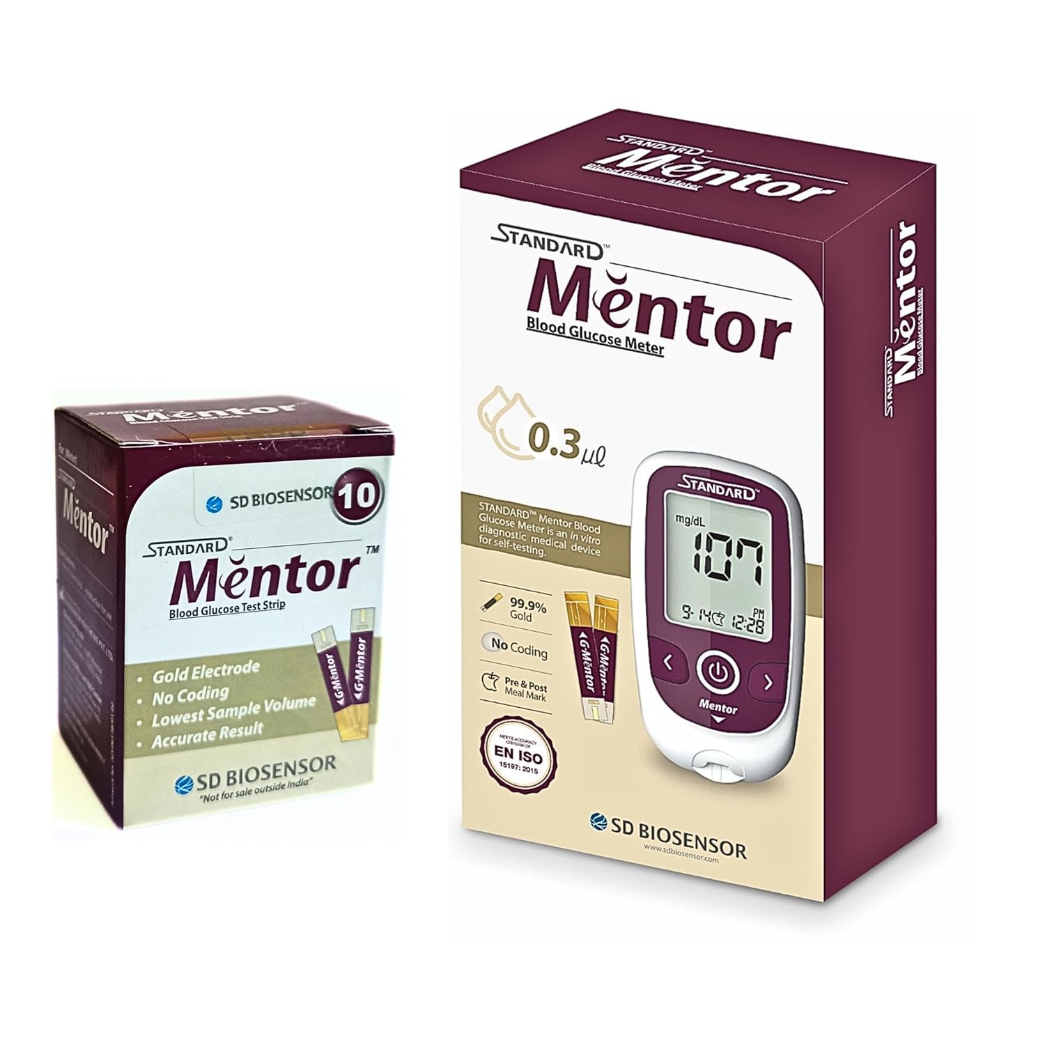 STANDARD Mentor Digital Blood Glucose Meter for self Diabetes testing monitor machine with 10 Strips & complete medical device Kit - Glucometer (Magenta)