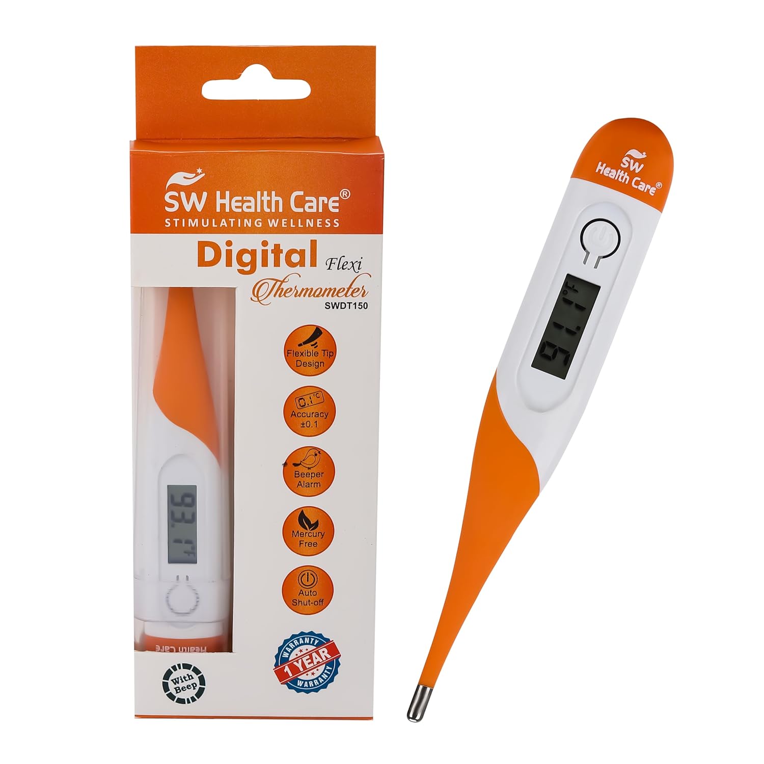 SW Health Care Digital Thermometer with Flexible Tip | Fever Alarm & Beep Function | Waterproof & 10 Seconds Fast Reading for Kids & Adults (White), stainless steel (Pack of 1)