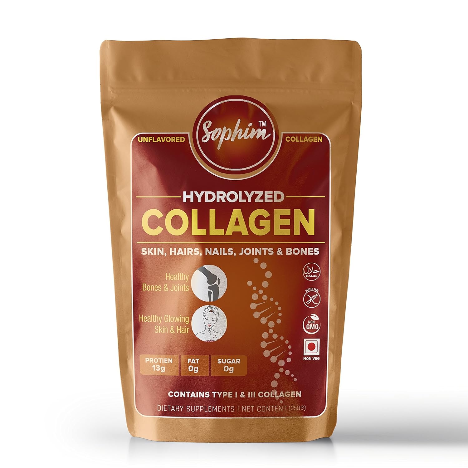 Sophim Amino Collagen Powder , Premium Hydrolyzed Collagen Powder Supplement for Skin,Hair,Nails,Joints and Bones.Collagen Peptides Type 1 & Type 3 (250 Grams)