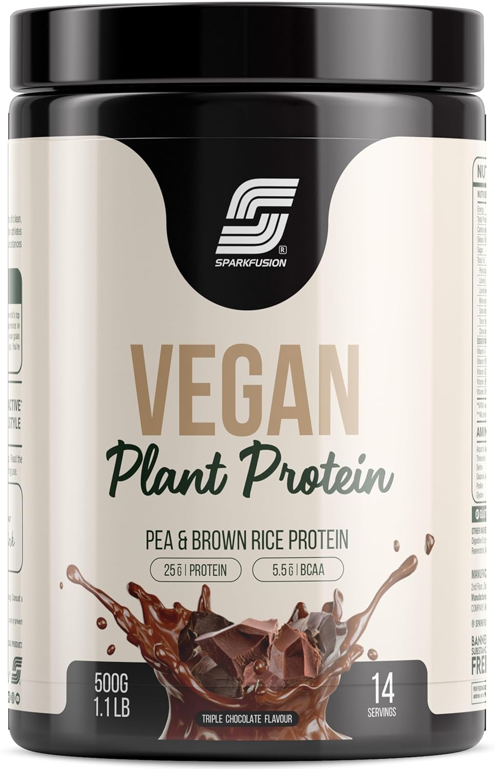 Sparkfusion Vegan Plant Protein Powder|Organic Isolated Pea & Brown Rice Protein|25 gm Protein & All Essential Amino Acids|Easy To Digest| Triple Chocolate Flavour 500 gm(Unisex)