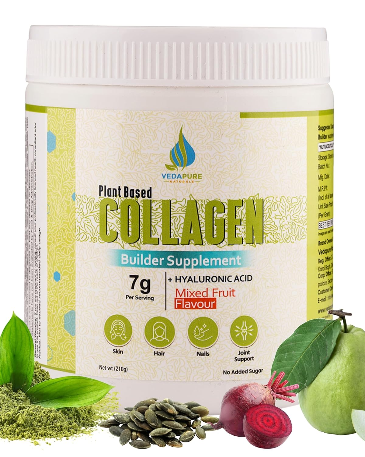 VEDAPURE Plant Based Collagen Powder For Women & Men (210g), Mixed Fruit Collagen Supplements For Skin, Hair, Bones & Overall Wellness, Collagen Booster With Biotin, Vitamin E & C And Hyaluronic Acid