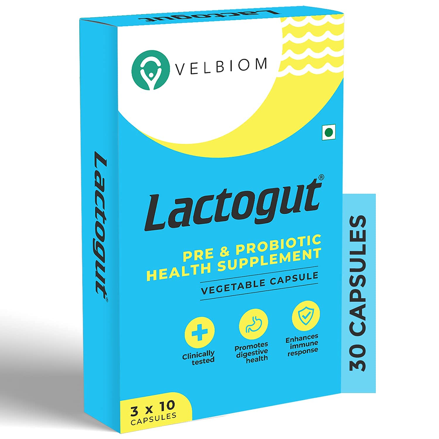 VELBIOM Lactogut Probiotics Supplement for Immunity and Digestive Health, Gut Health Multi Strain and Site-Specific Pre-Probiotic Formula Helps in IBS and IBD - 30 Capsules