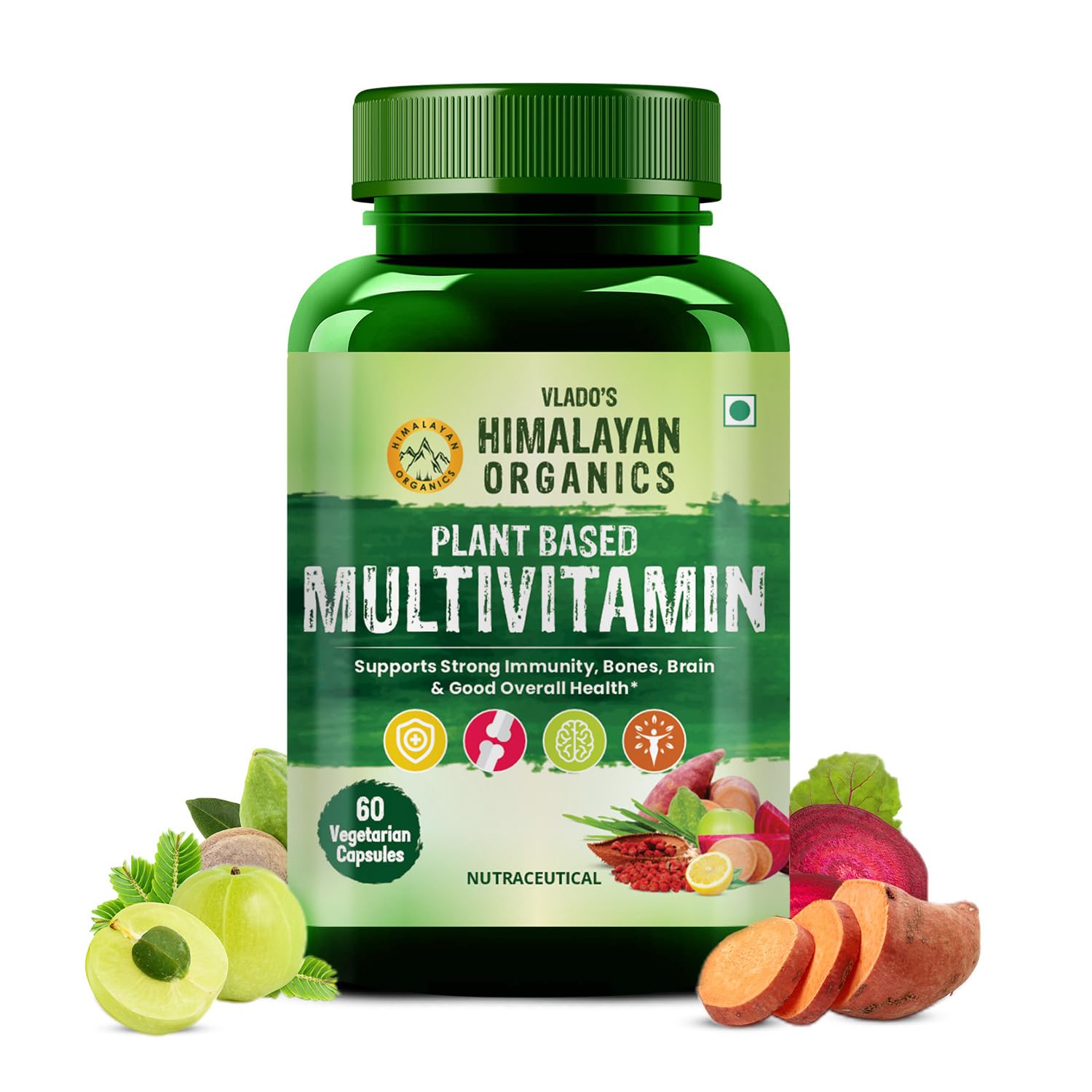 Vlado's Himalayan Organics Plant Based Multivitamin 60+ Ingredients With Vitamin B1, B2, B3, B5, B6, B7, B9, B12, A, C, D3, E, K2, Calcium, Iron , Zinc I Wholefood | Stamina & Energy I Healthy Bones & Joints I Multivitamin for Men & Women - 60 Veg Capsules