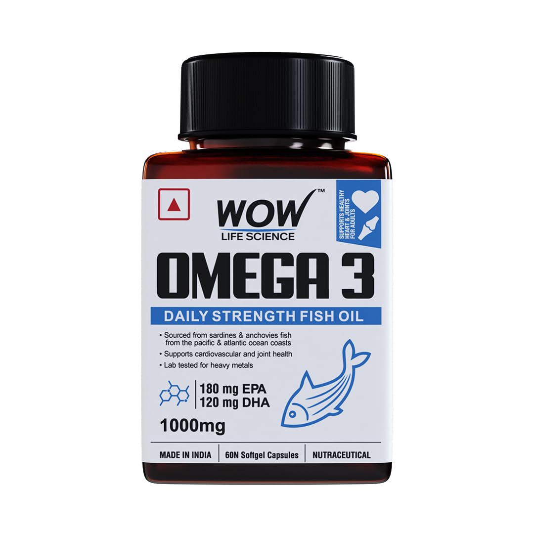 WOW Life Science Omega-3 Fish Oil 1000mg - 60 Capsules| For Men & Women | Daily Strength - 180 mg EPA & 120 mg DHA| For Muscle & Joint Support, Healthy Heart & Cognitive Support| No Fishy Burps | Pack of 1