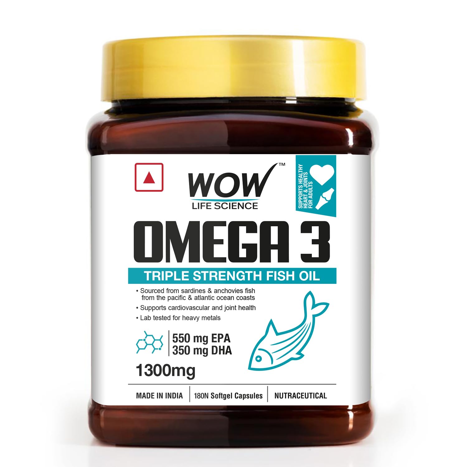 WOW Life Science Omega-3 Fish Oil 1300 mg Triple Strength - 550mg EPA & 350mg DHA for Joints, Heart & Brain Health - 180 Capsules