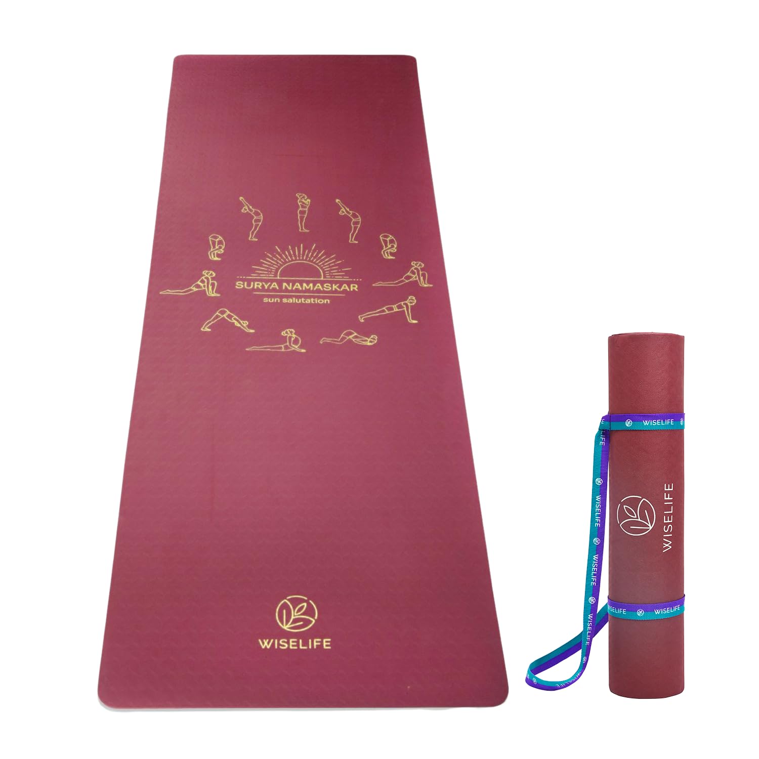 Wiselife tpe Printed 6MM Yoga Mat + Yoga Strap For Men, Women, Kids|Anti-Slip Extra thick, long & Wide Exercise Sports Mat For Workout, Fitness, Yoga, Gym, Home & Pilates (Wine Surya Namaskar)