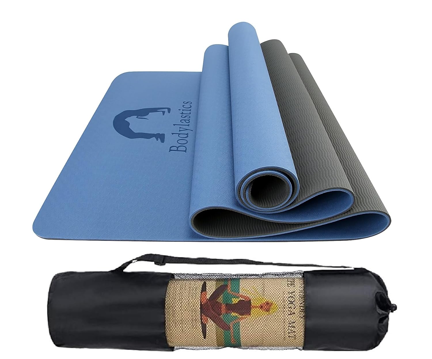 Bodylastics Yoga Mat for Men and Women with Carry Bag TPE 6ft x 2ft x 6mm Large Size Anti Slip & Anti Tear Workout Mat