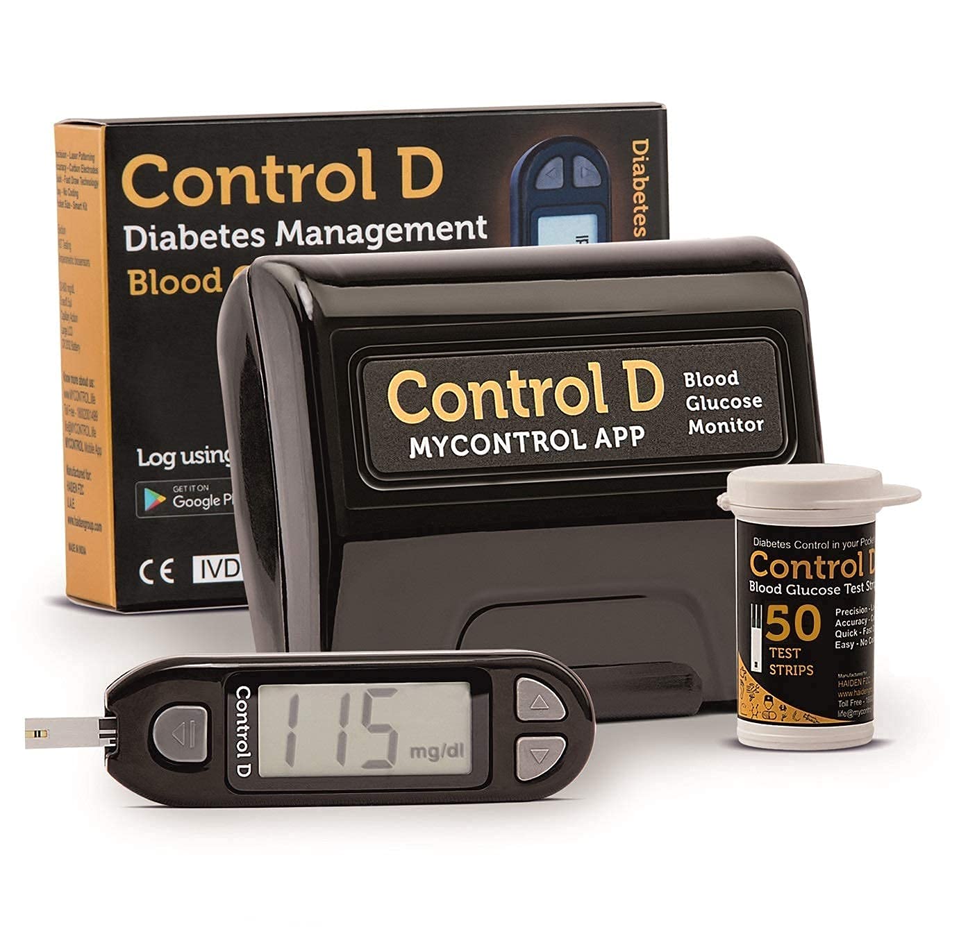 Control D Blood Glucose Monitor (Pack of 50 Strips, Black)