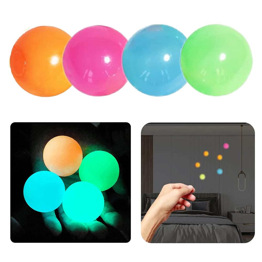 Fapiwen Glow In The Dark Sticky Balls, 4Pcs Glowing Sticky Ceiling Balls, Stress Relief Glow Sticky Wall Balls, Glow Squishy Stress Balls, Fidget Toys For Kids And Adults (Random Color)