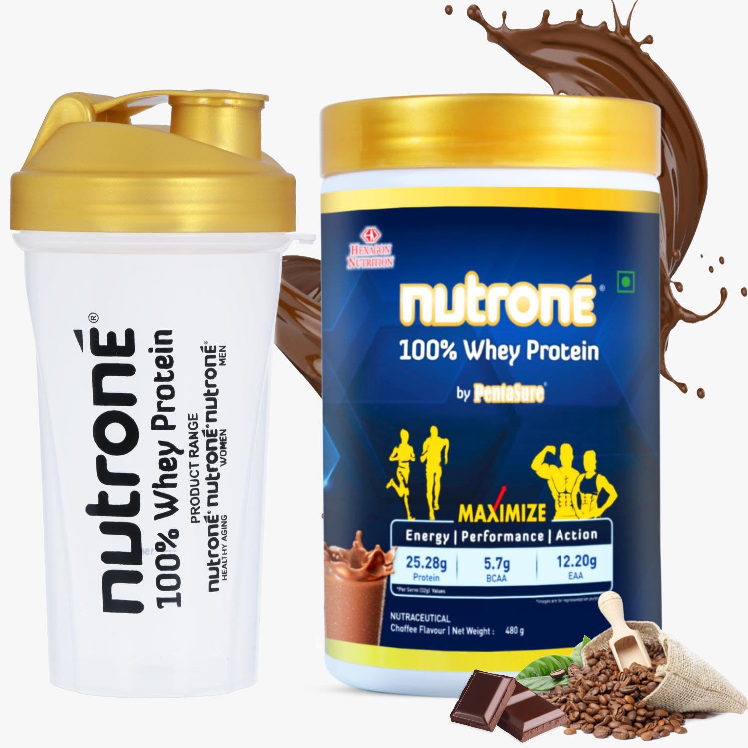 Nutrone 100% Whey Protein Powder by PentaSure | Choffee 480g | Per Serving 25.28g Protein, 5.7g BCAA, 12.20g EAA for Gym workout and Athletic needs | With Free Shaker