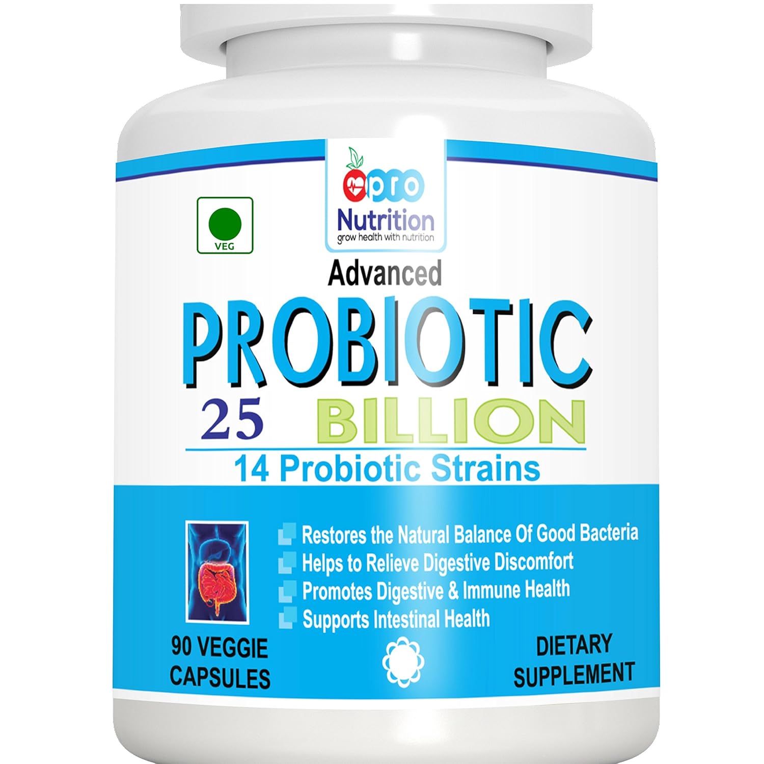 Pronutrition Advanced Probiotics 25 Billion Per Capsule, 14 Probiotic Strains, 90 Veggie Capsules