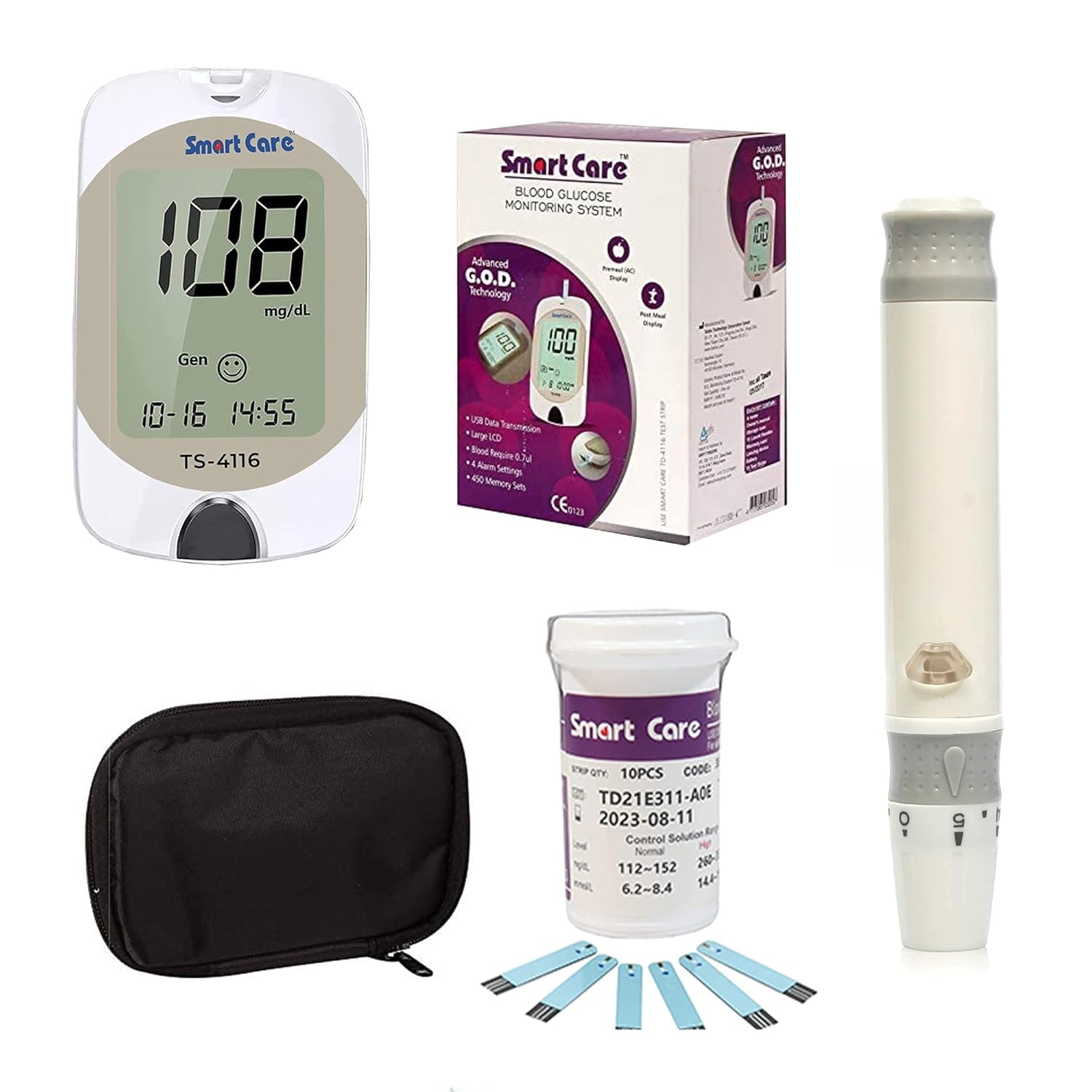 SMARTCARE Blood Glucose Monitoring Kit - Includes Meter 10 Test Strips 10 Lancets, Lancing Device Manual and Carry Case for Easy and Accurate Diabetes Management